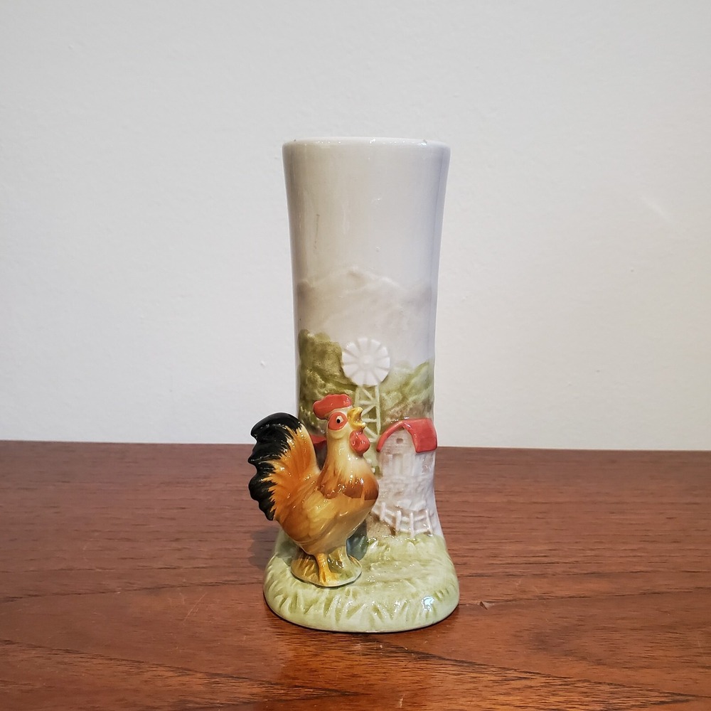 Vintage Otagiri Rooster Chicken Bud Vase Embossed Farm Scene Otagiri Japan